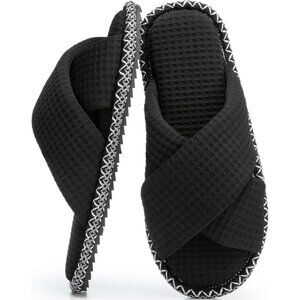 ⚡Women Boho Waffle Black Cotton Memory Foam Bedroom Corduroy Open Toe Shoes